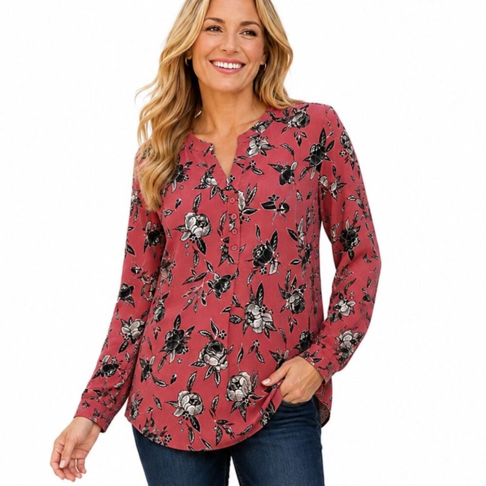 Denim & Co Etched Floral Popover Top Womens Large Rose Pink Split Neck Blouse